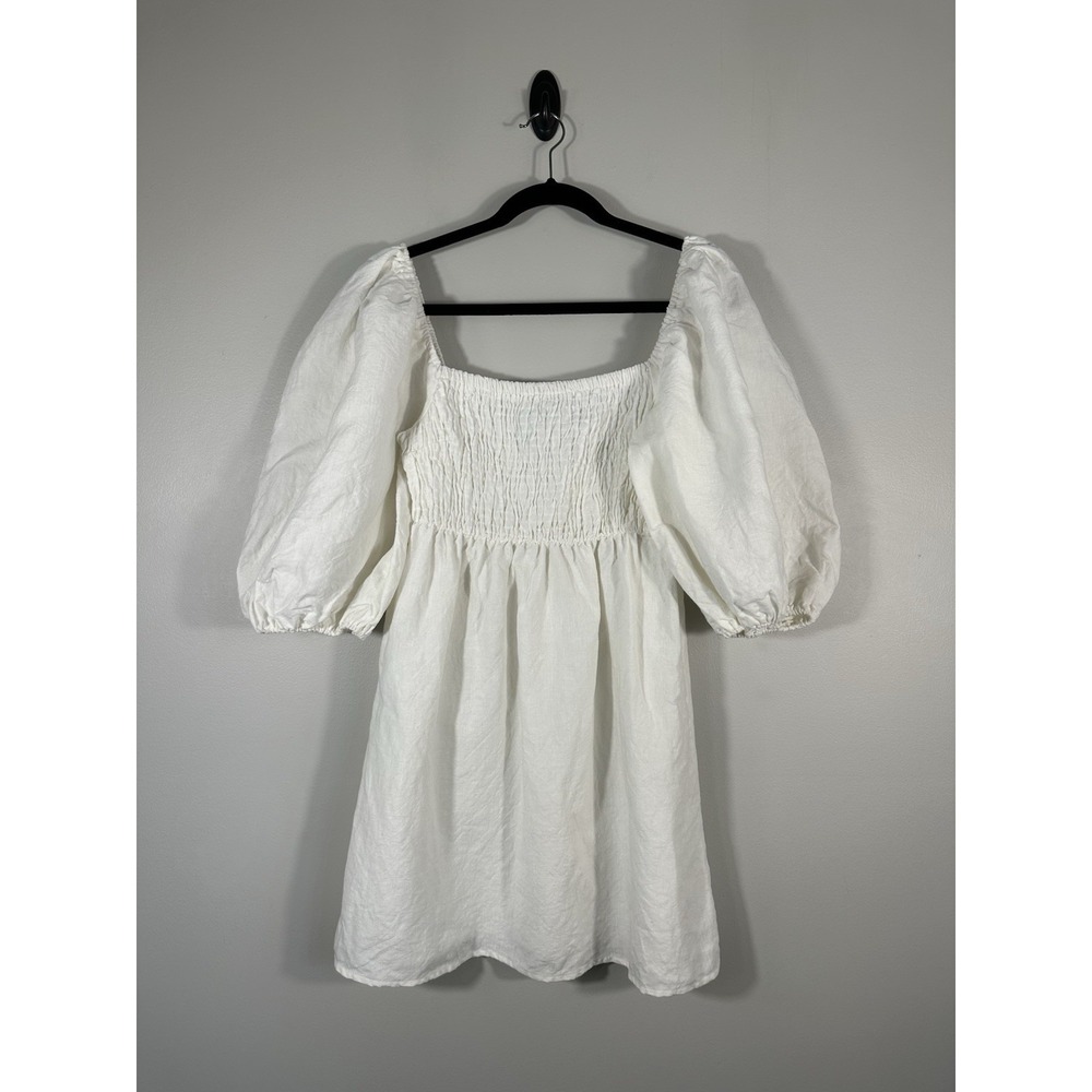 Tuckernuck Dress Womens Medium White Annie Smocked Mini Linen Puff Sleeve